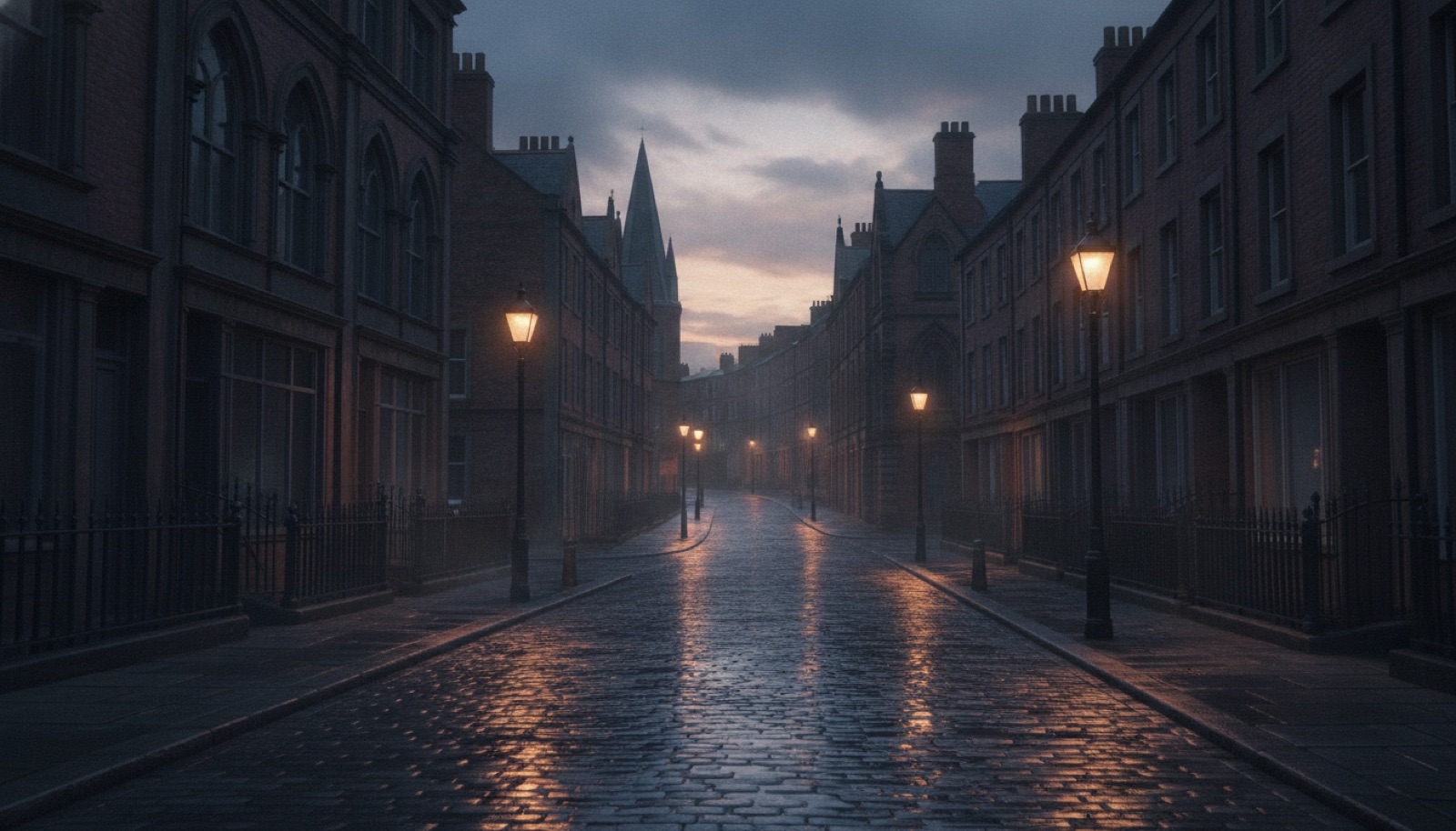 A moody, atmospheric wide shot of a northern English city street at dusk, wet pavement reflecting streetlight