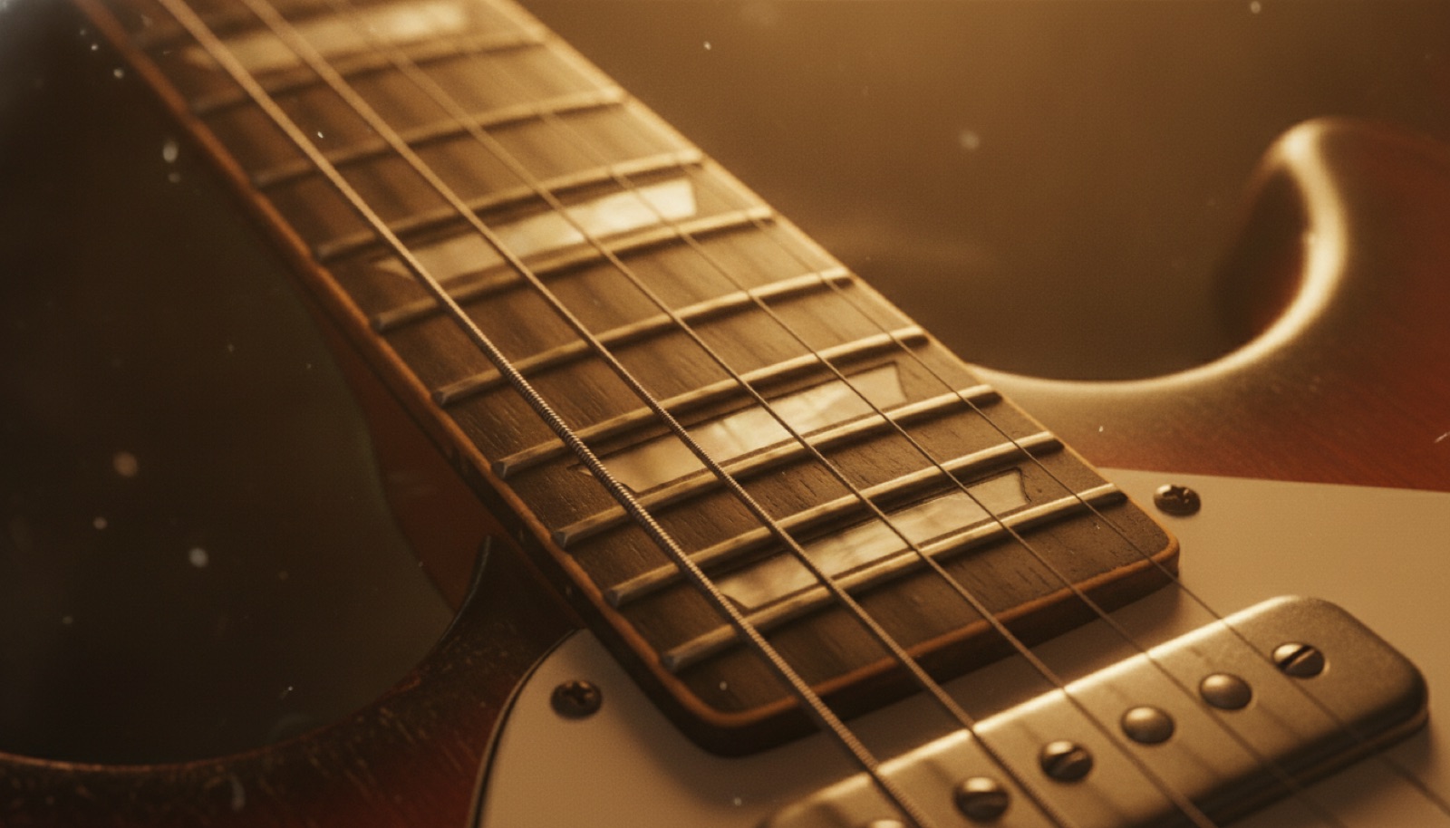 A well-worn black Fender Stratocaster with a maple neck resting against a tweed amplifier