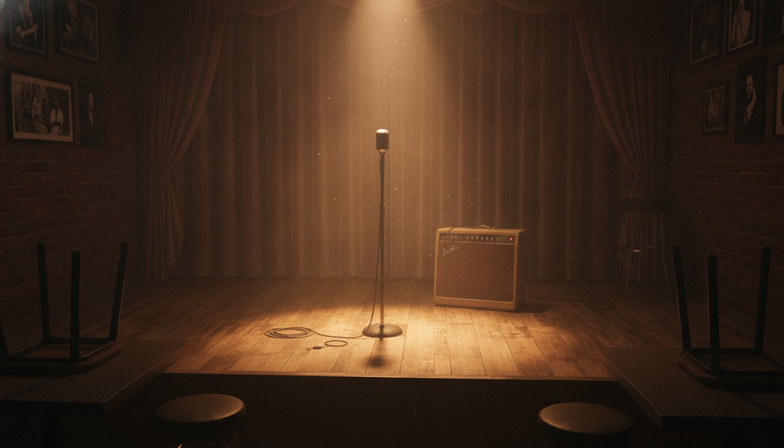 A guitarist silhouetted on a dim concert stage under a single warm spotlight