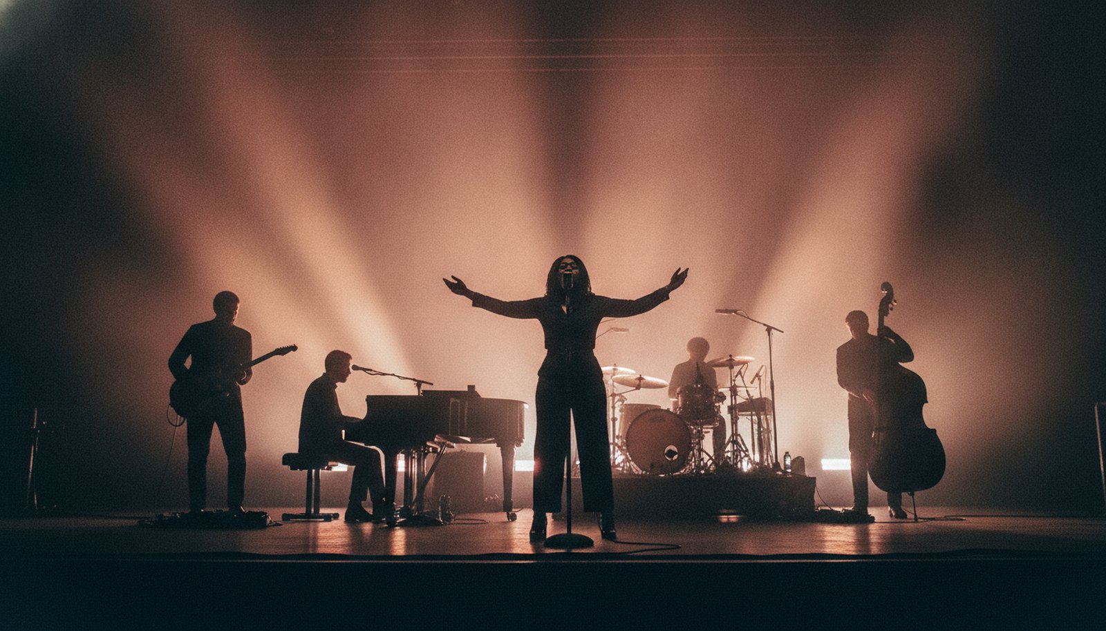 A soul band with a powerhouse female singer in silhouette against warm rose and amber stage lights