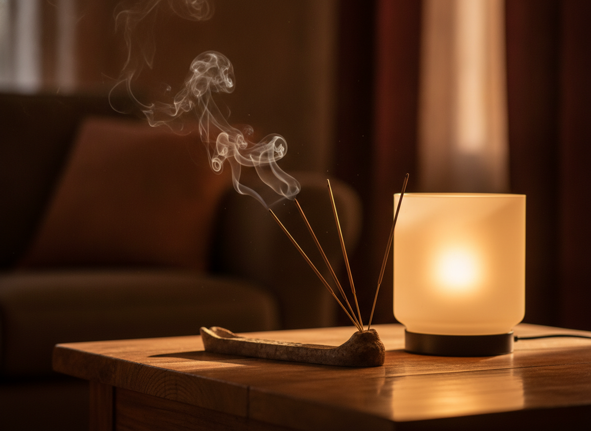 Sticks of incense smoldering beside a warm lamp on a wooden table, soft amber smoke curling upward