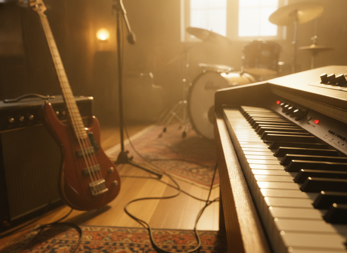 Warm-lit vintage electric piano keys and a bass guitar leaning against an amplifier in a hazy studio