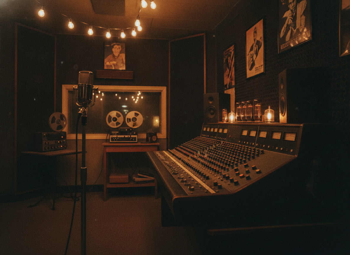 A dim analog recording studio with a vintage mixing console, a warm tube microphone, and soft amber light
