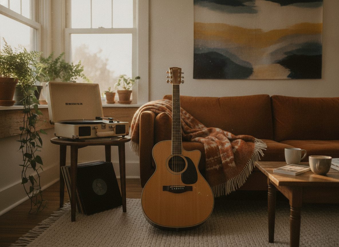 A soft warm living room in late daylight with an acoustic guitar resting on a couch and a record player nearby
