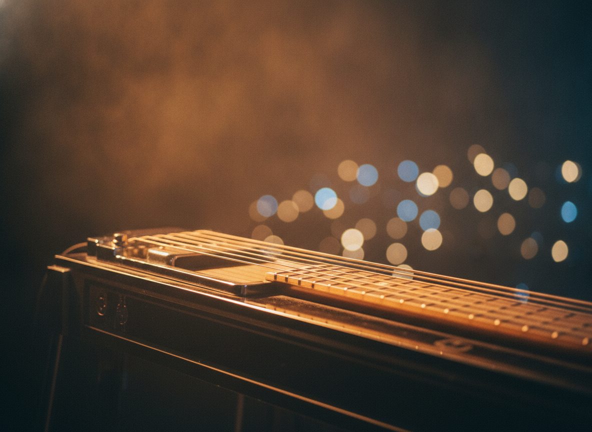 A pedal steel guitar glowing under warm dim stage light with soft haze and bokeh in the background