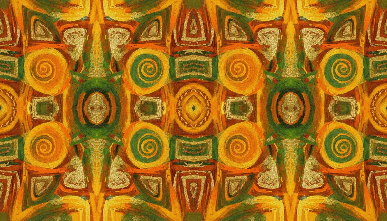 A bold Afrobeat abstract pattern of warm oranges, greens, and gold, energetic and rhythmic