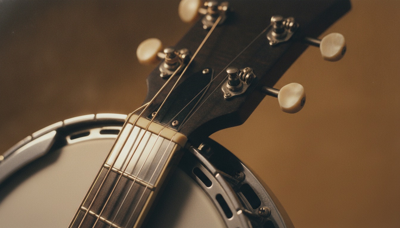 Close-up of the head and tuning pegs of a five-string bluegrass banjo in warm low light