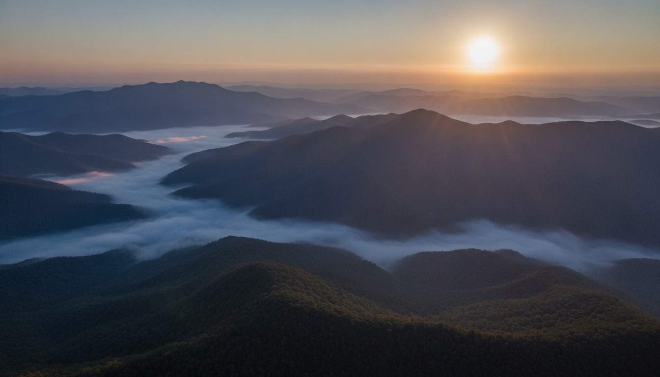 The Blue Ridge mountains at dawn, layered ridgelines in blue mist