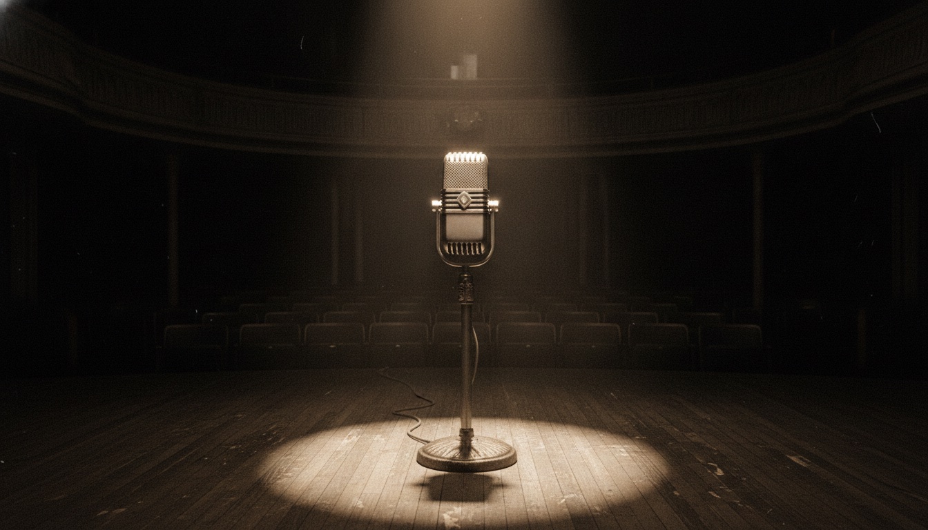 A vintage broadcast microphone on an empty wooden stage under a single warm spotlight