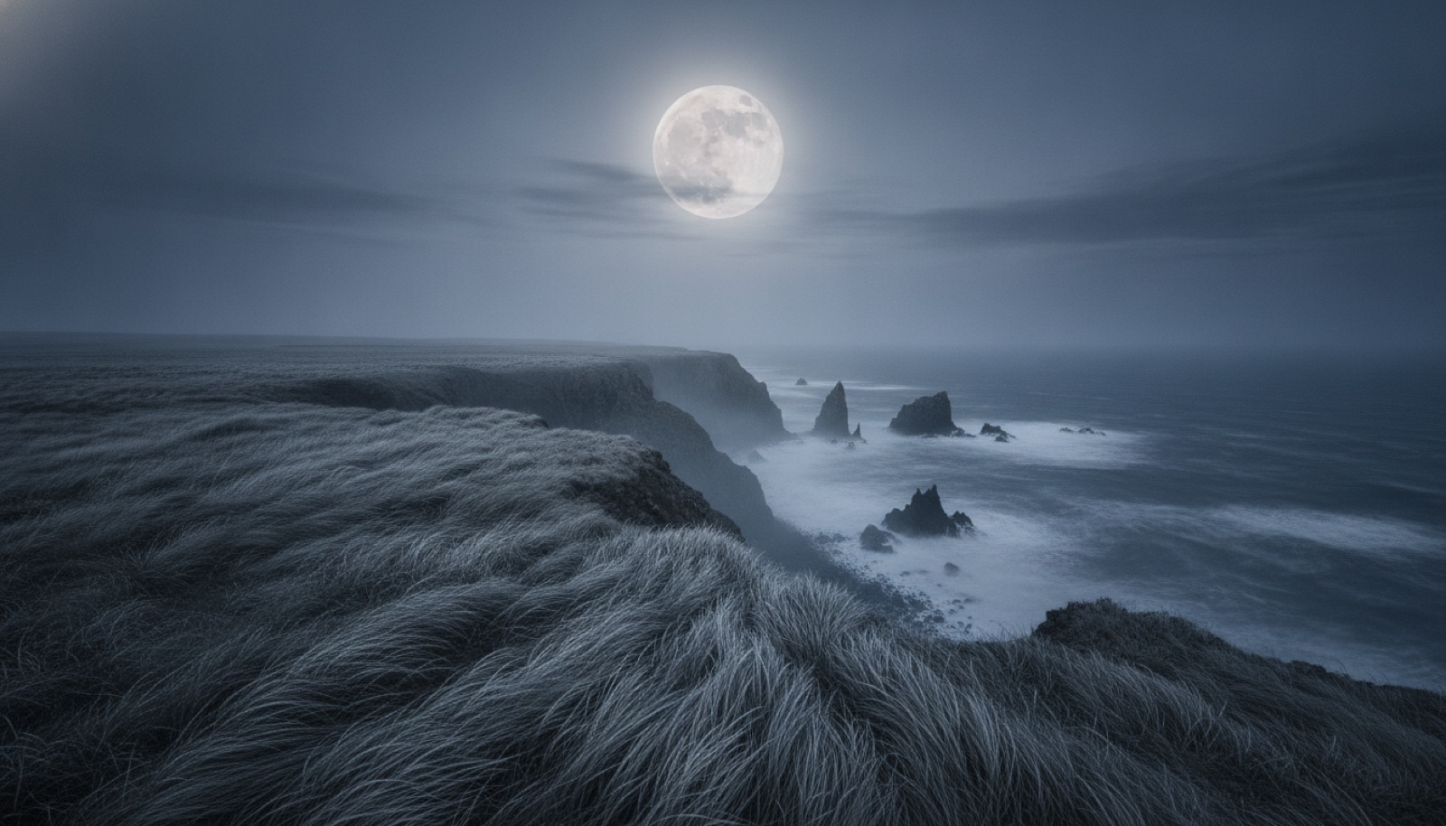 A pale full moon over a windswept coastal cliff with tall grass bending in the wind