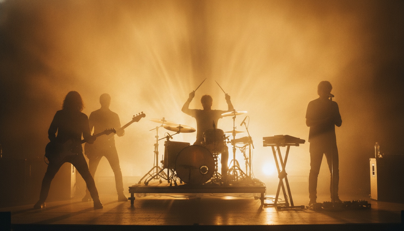 Five musicians in warm golden stage light, silhouettes against a hazy amber backdrop