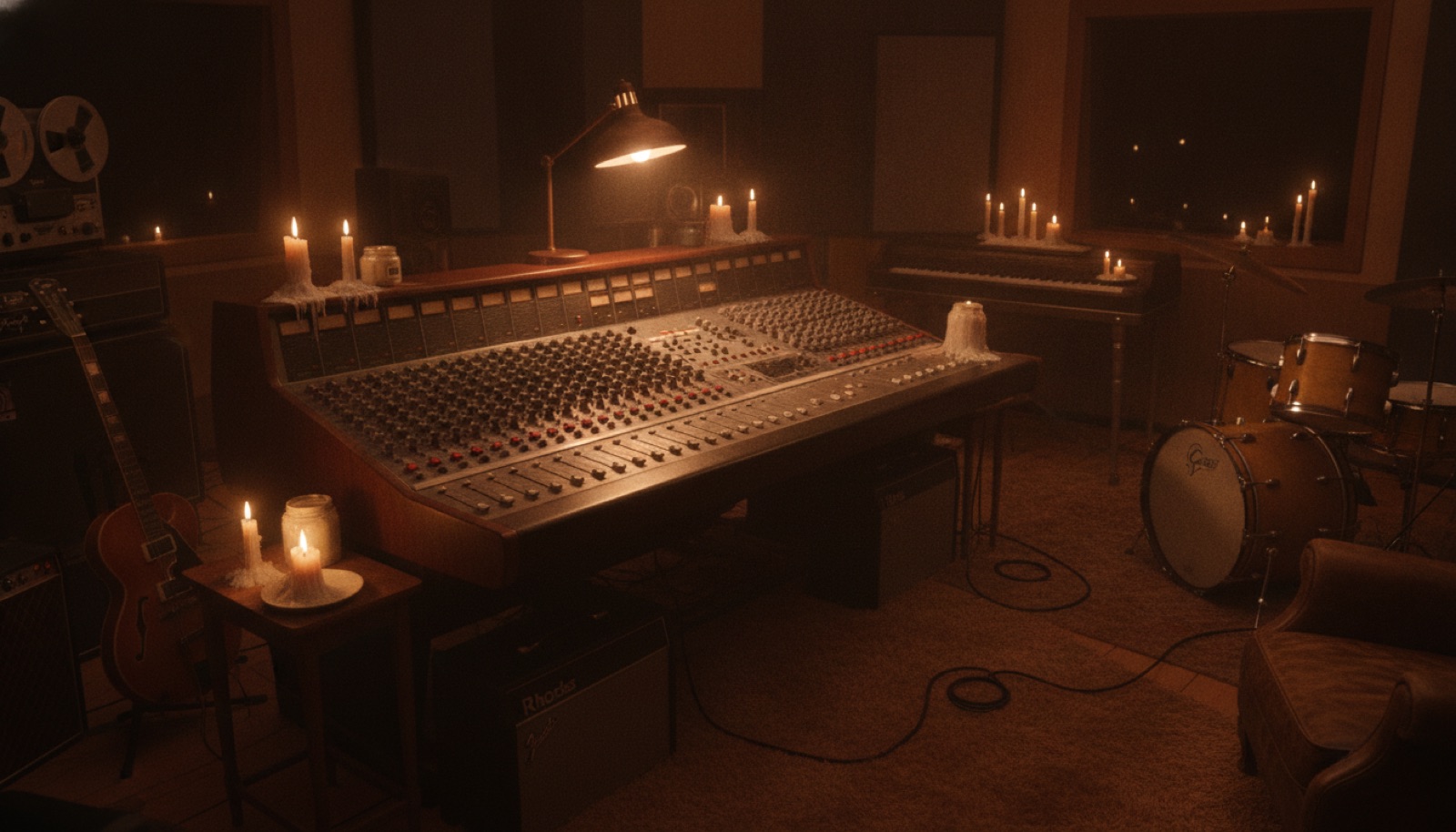 A dimly lit 1970s recording studio with an analog mixing console and a single glowing lamp