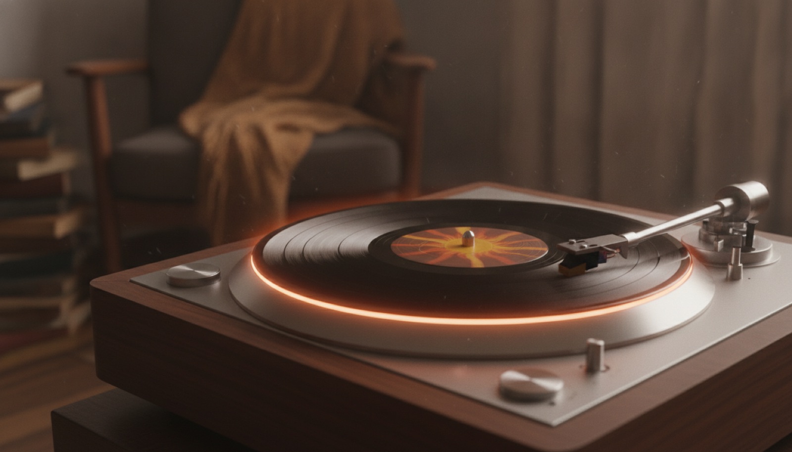 A vintage record player with a spinning vinyl LP glowing under warm amber light