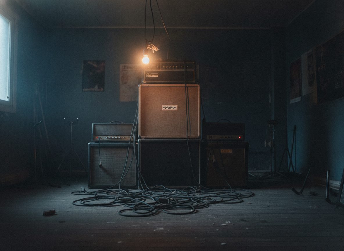 A dim rehearsal room with amplifiers, cables and instruments under a single bare bulb