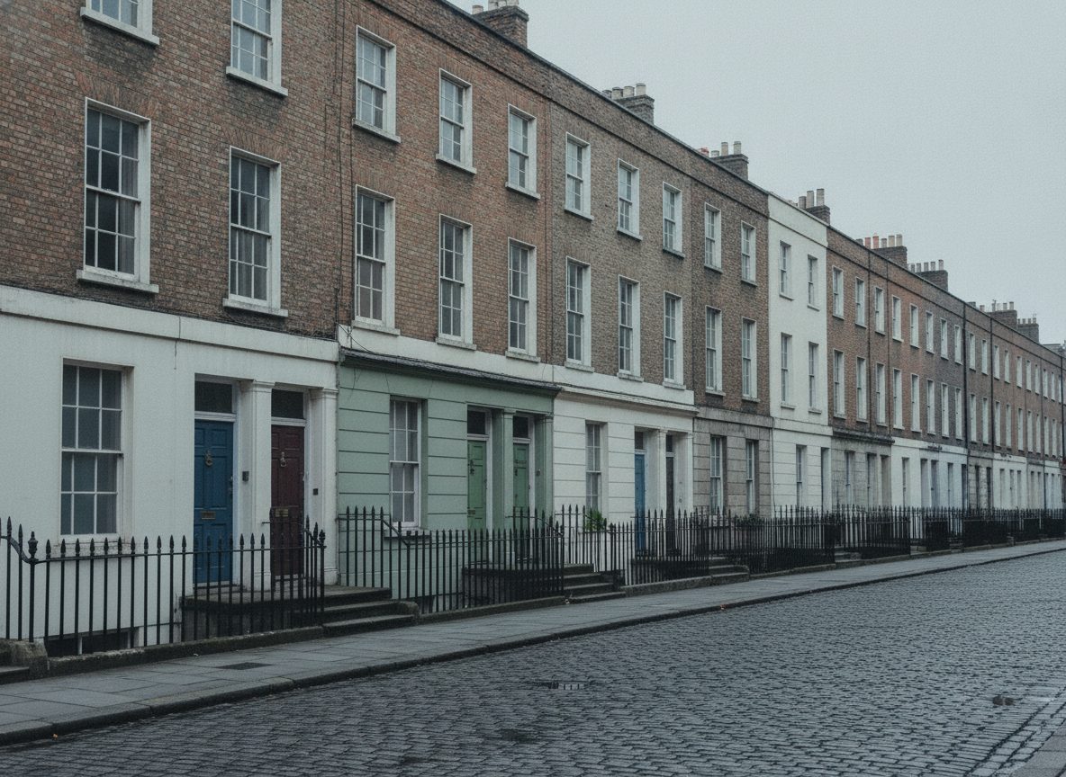 A row of weathered Georgian terrace houses on an empty street under flat grey light
