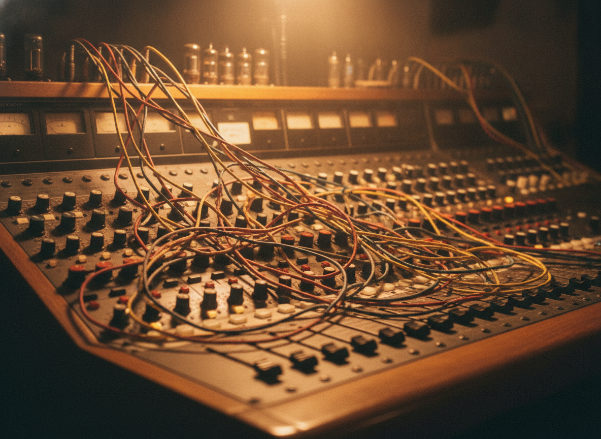 A close view of a vintage recording console with rows of knobs, faders, and patch cables lit in warm light