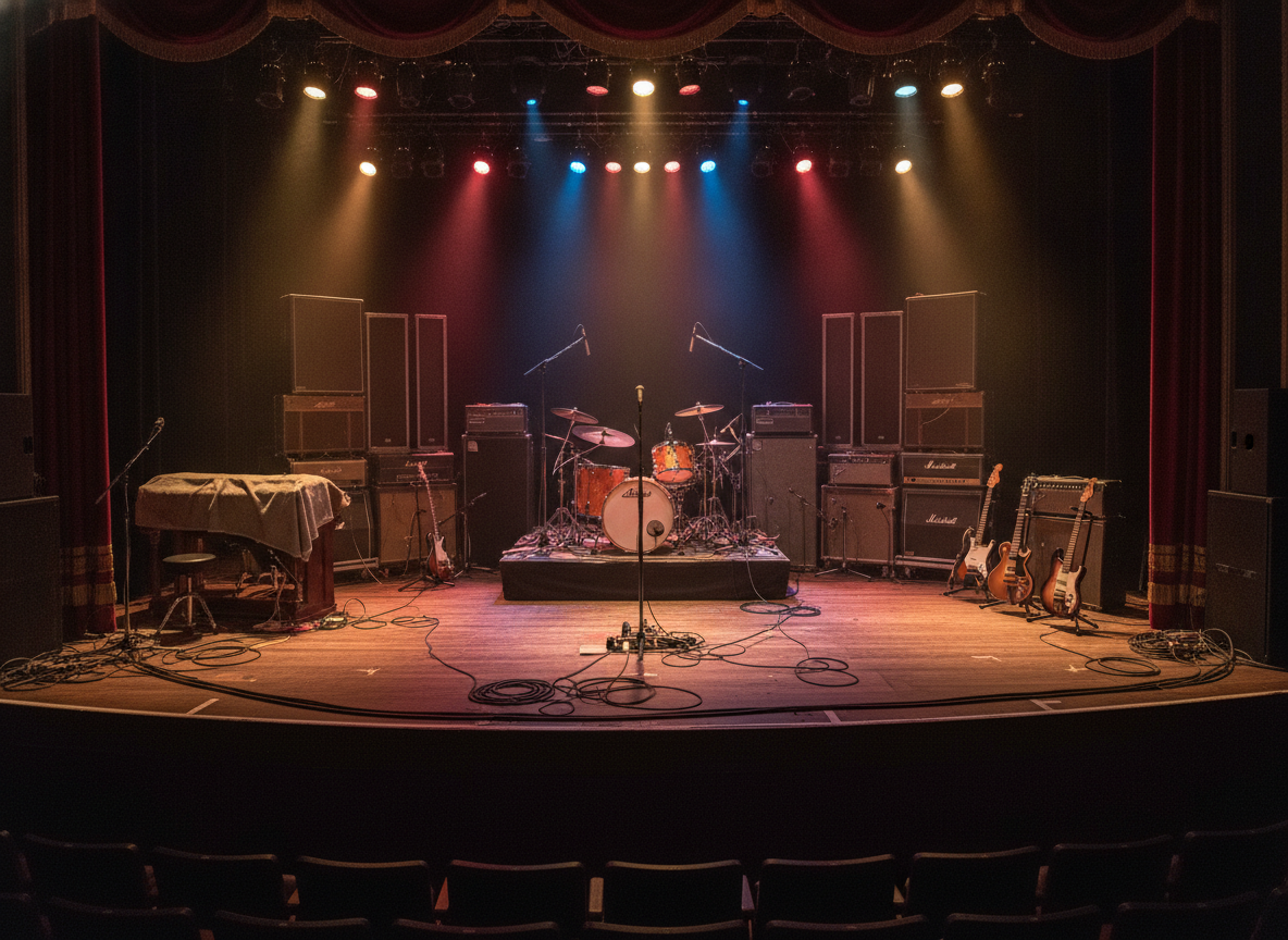 An empty eclectic 1970s concert stage crowded with amplifiers, drum kits, and tangled cables under warm lights