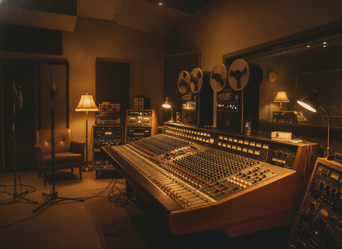 A dim analog recording studio with a large mixing console, tape machines, and rows of illuminated faders