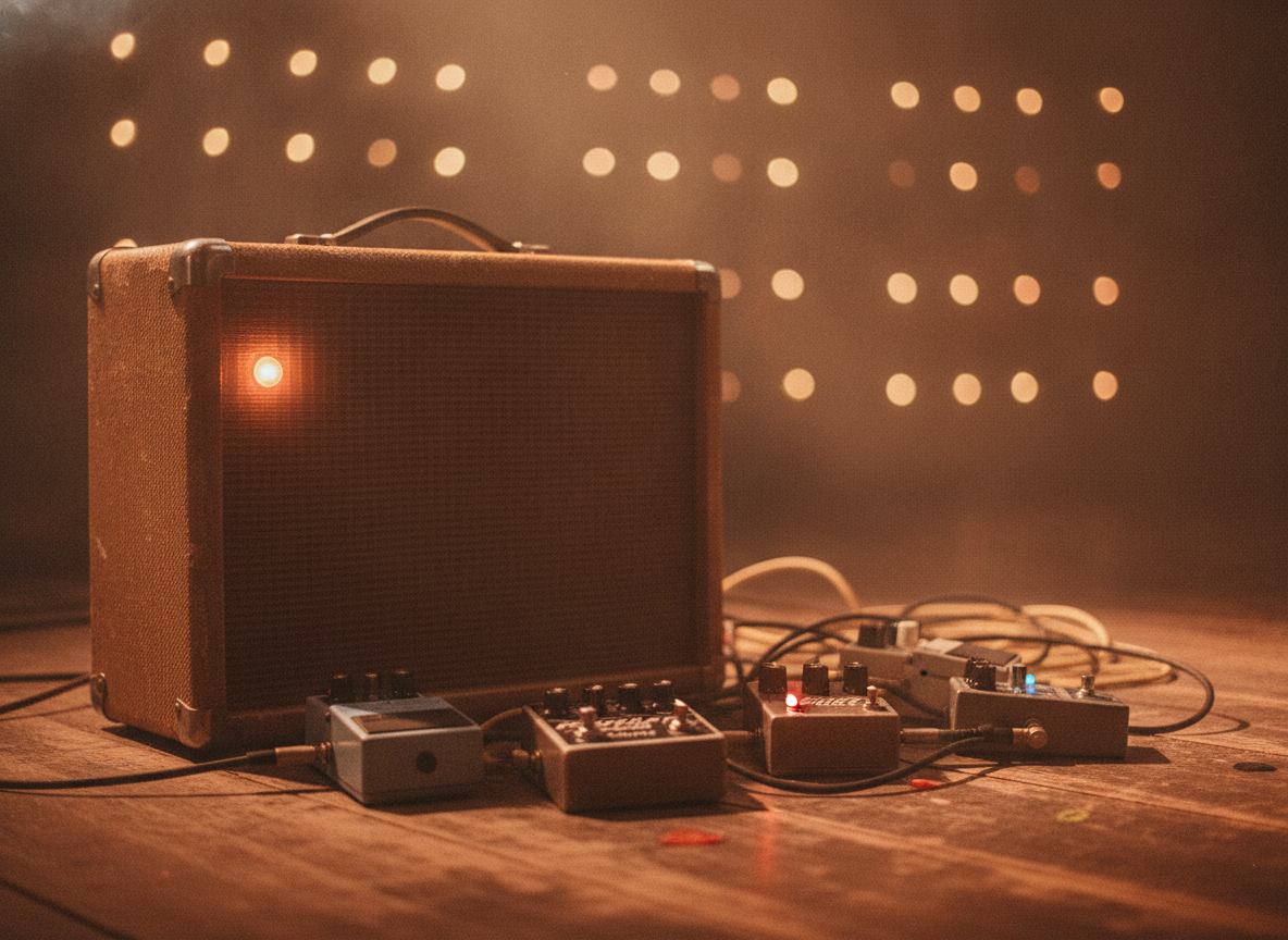 A vintage guitar amplifier and pedals bathed in warm orange stage light against a dark, hazy backdrop