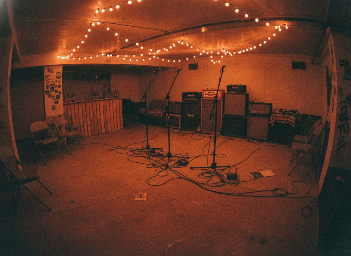A dim basement music venue with string lights, tangled cables and amplifiers, empty before a show