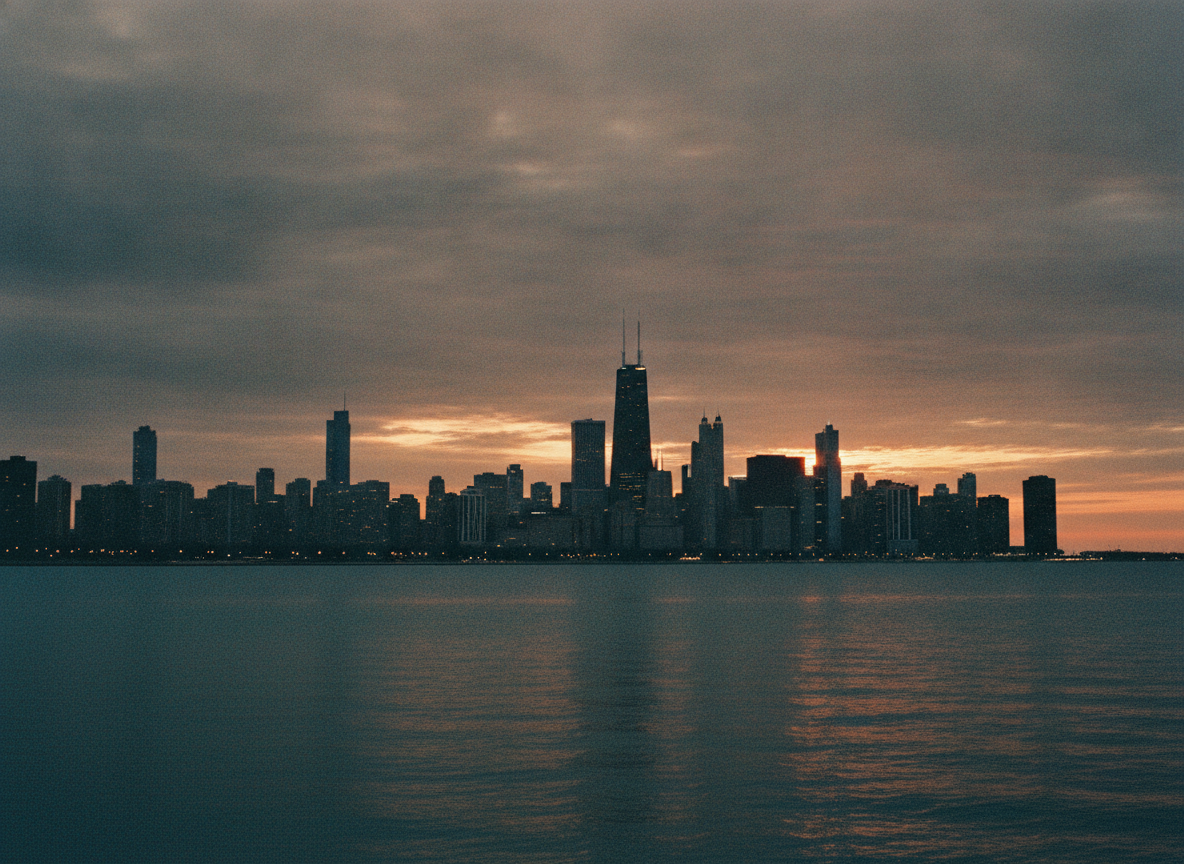 A moody Chicago skyline at dusk seen across the lake, warm amber light glowing in a bank of low clouds