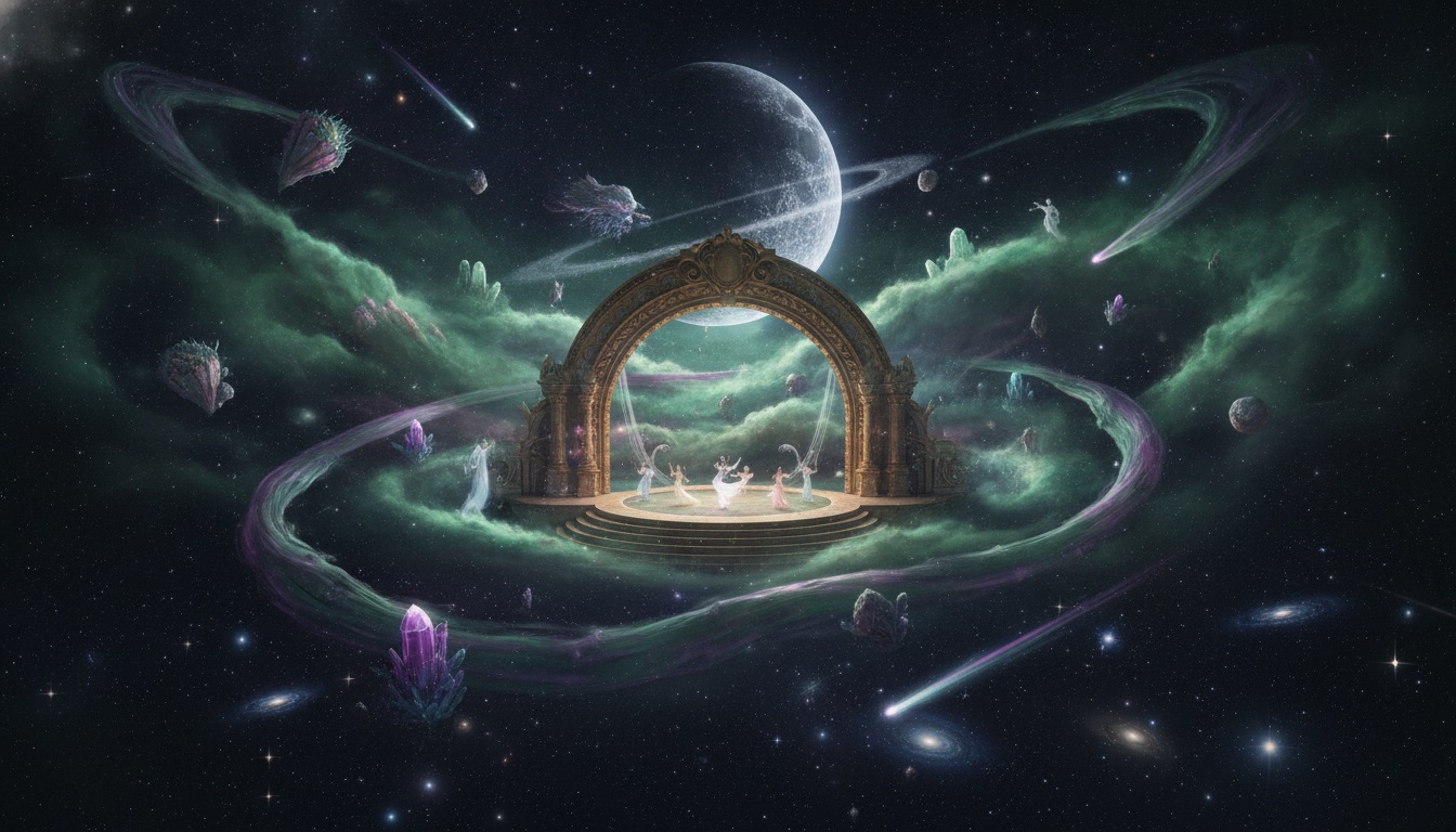 A surreal cosmic scene of a stage under swirling green and purple nebula light, otherworldly