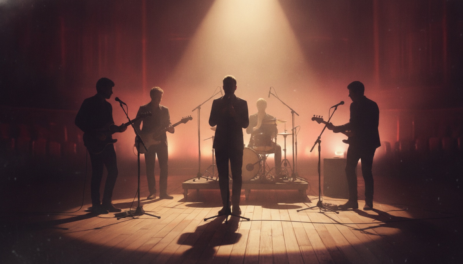 Four silhouetted musicians on a small dim stage, backlit by a single warm spotlight