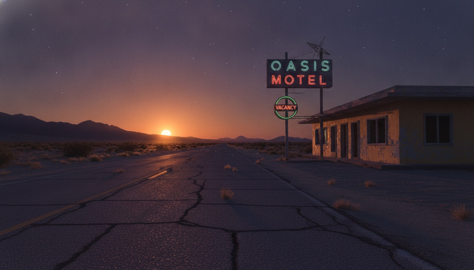 A cracked, sun-bleached desert road stretching toward a hazy horizon with faded neon signage in the distance