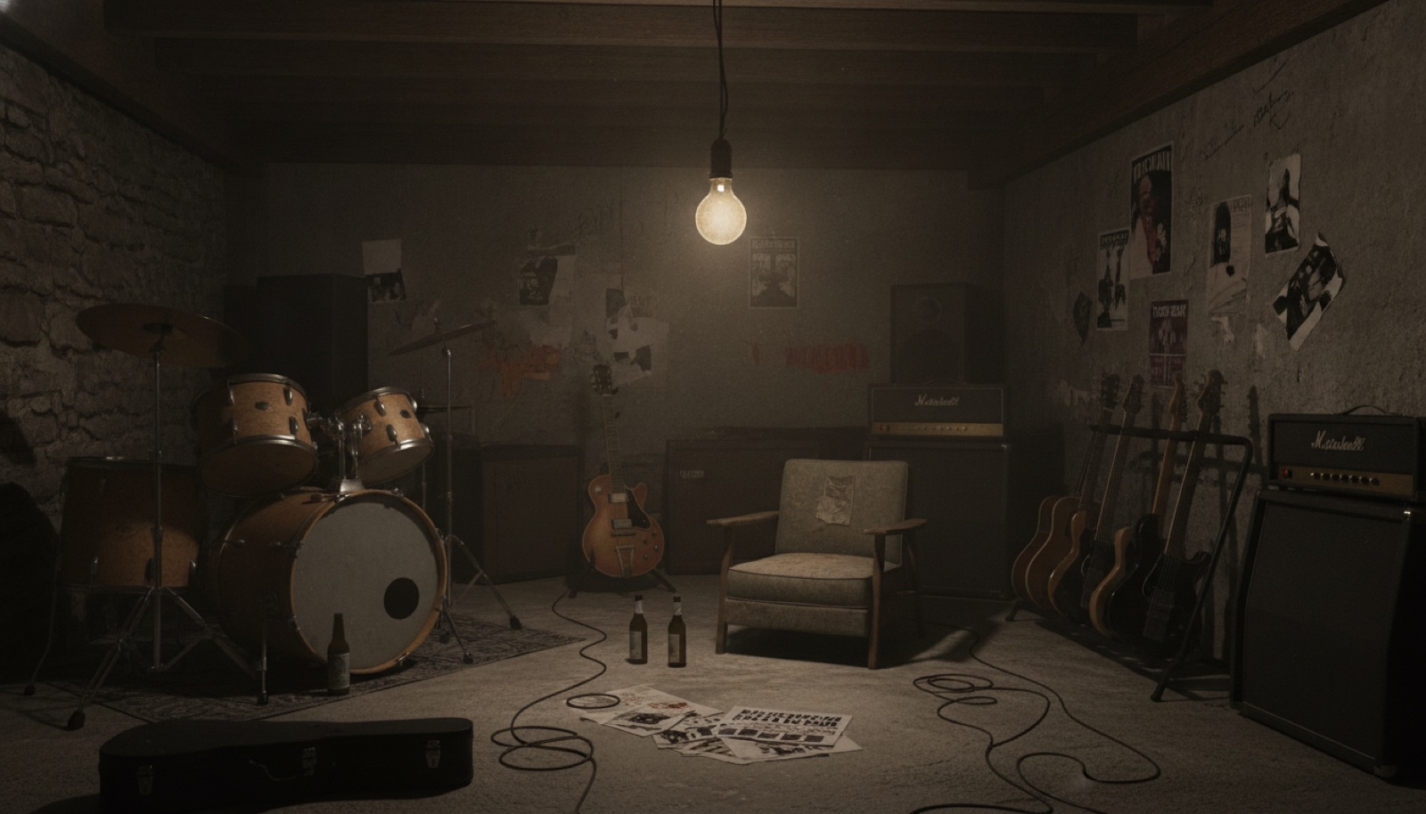 A single dim bulb hanging over an empty basement rehearsal space cluttered with amps and cables