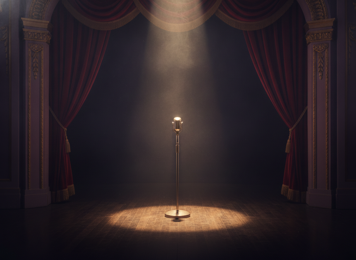 A theatrical cabaret stage with a lone microphone, red curtain, and a single spotlight cutting through haze