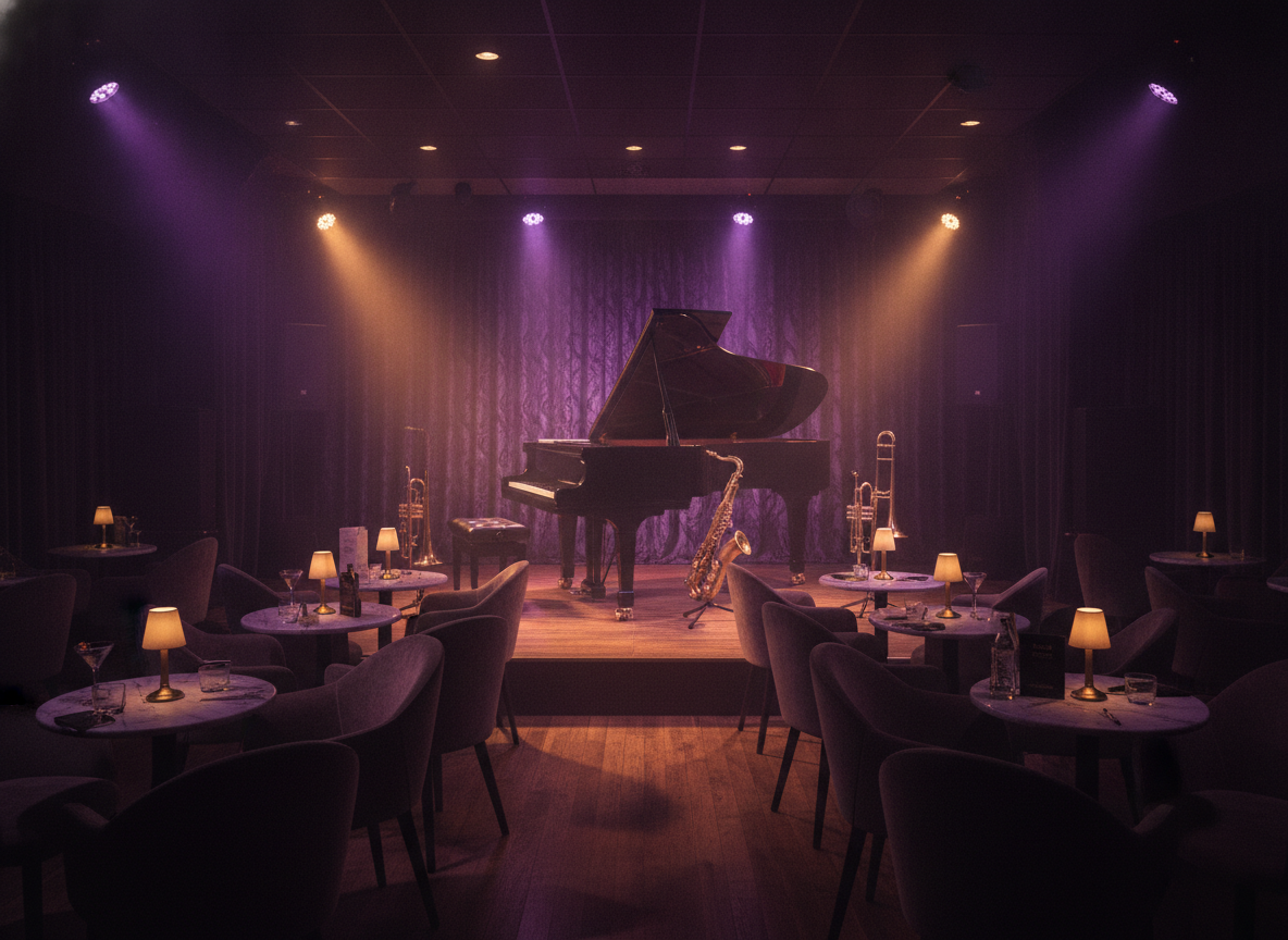 A late-night jazz club interior with a grand piano, brass instruments on stands, and low golden lighting