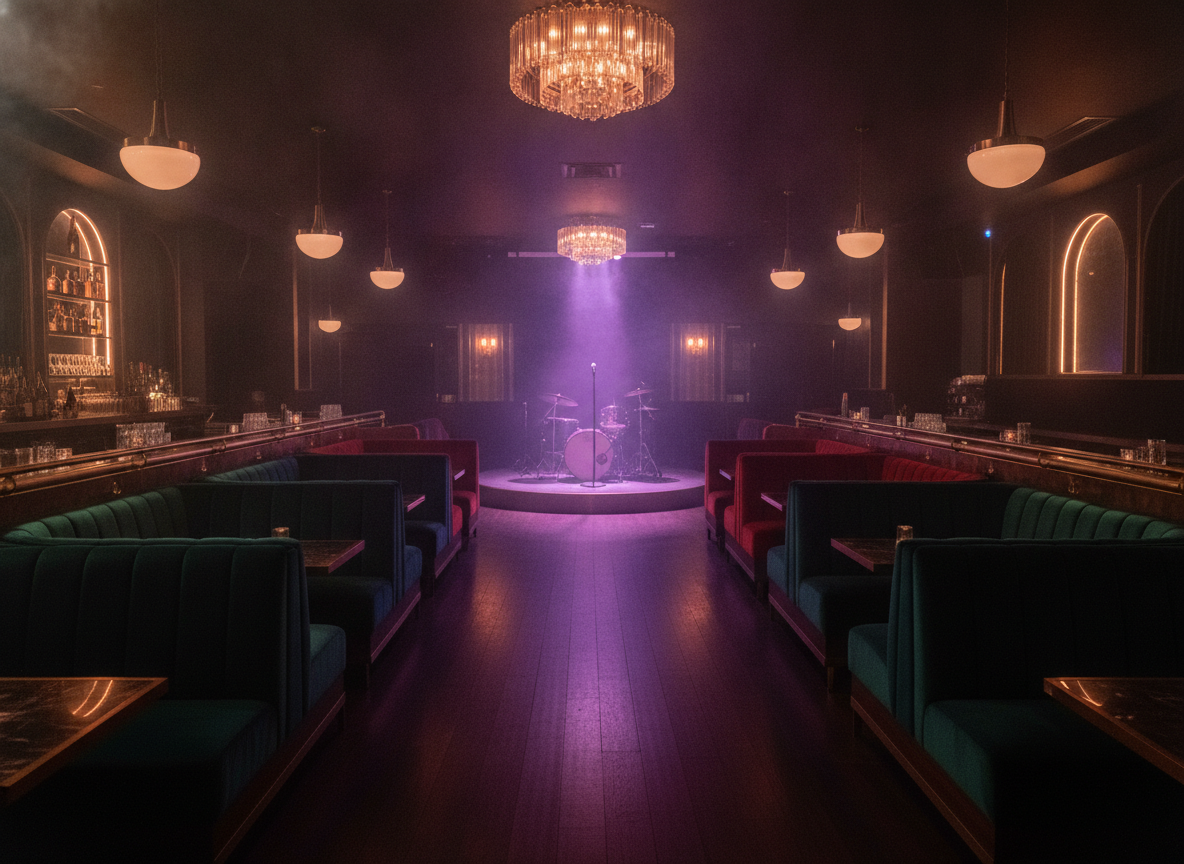 A dim late-night cocktail lounge with empty velvet booths, a small stage, and warm amber light