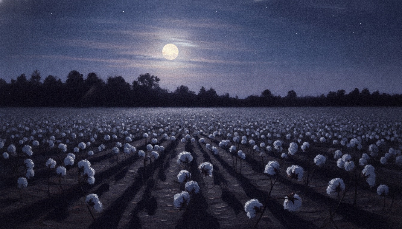 A moonlit cotton field at night with a distant treeline, silver light and deep shadows