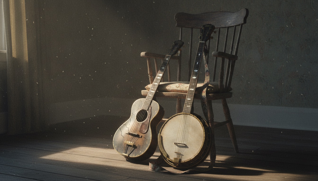 An old parlor guitar and a banjo resting on a worn wooden chair in a dim room, dust motes in a shaft of afternoon light