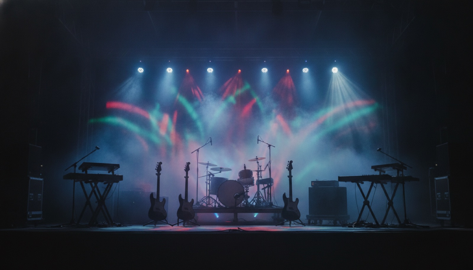 A five-piece band in silhouette on a dim, colorfully lit stage
