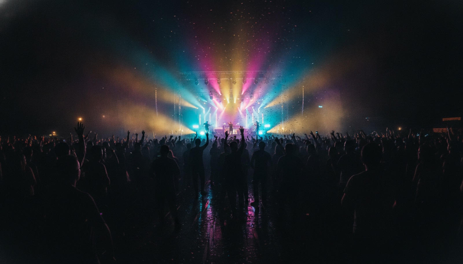 A large concert crowd bathed in colorful stage light, arms raised