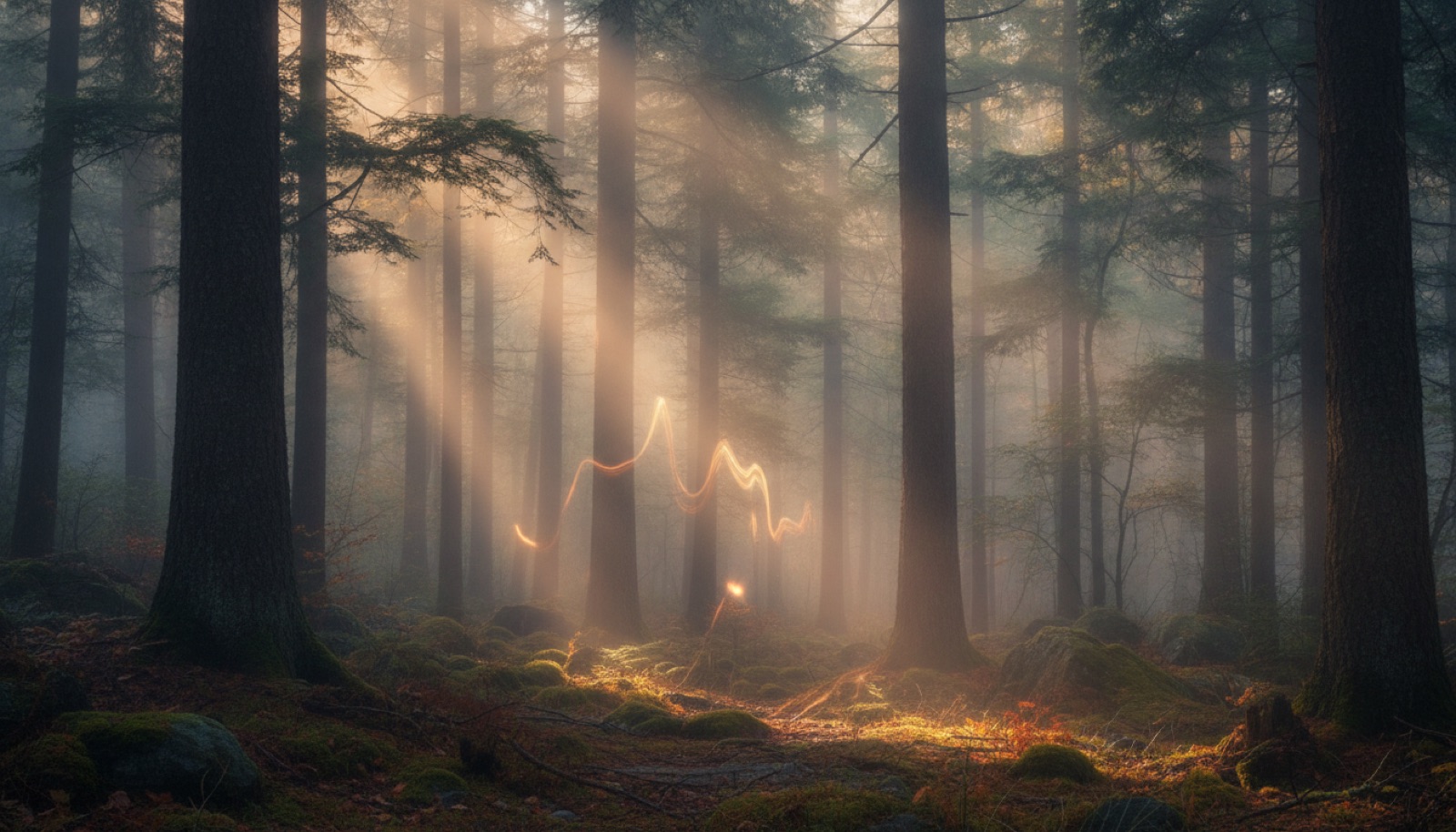 A misty New England forest at dawn, light filtering through tall trees