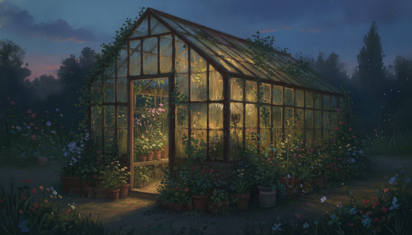 A weathered greenhouse at dusk full of plants, warm light glowing inside against a blue evening