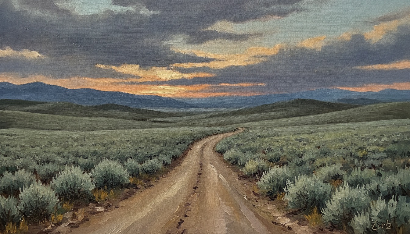 A lone dirt road winding through high-country sagebrush under a dramatic twilight sky in muted blues and golds
