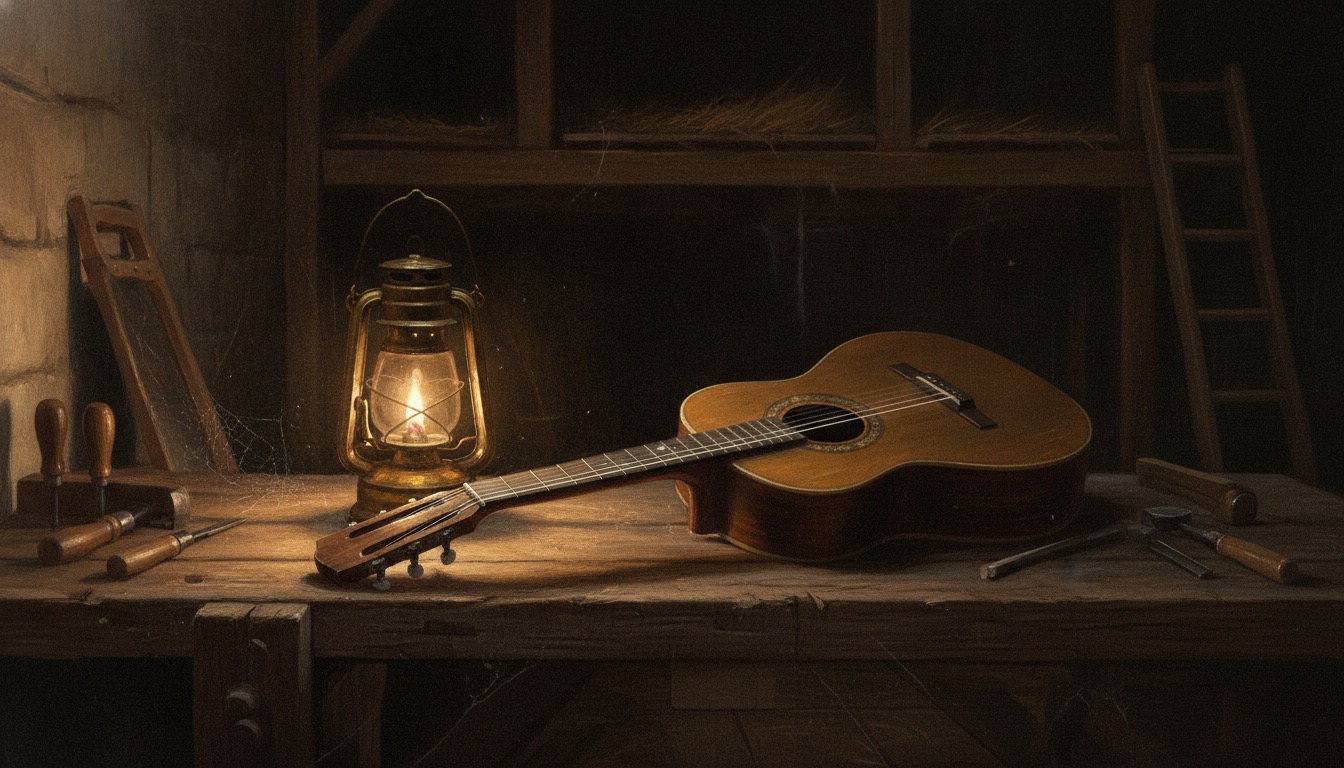 A wooden workbench with a lantern and an acoustic guitar in a dim barn at night with warm pooled light