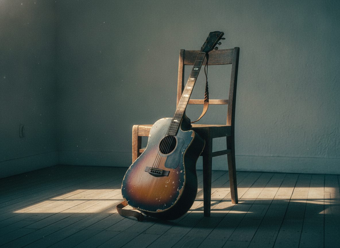 A worn vintage acoustic guitar resting against a wooden chair in warm low light