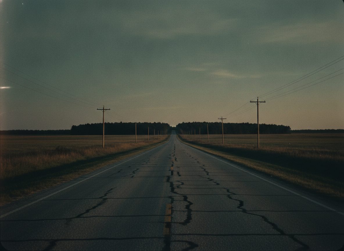 A lonesome two-lane blacktop running through open Southern country at dusk under a wide pale sky