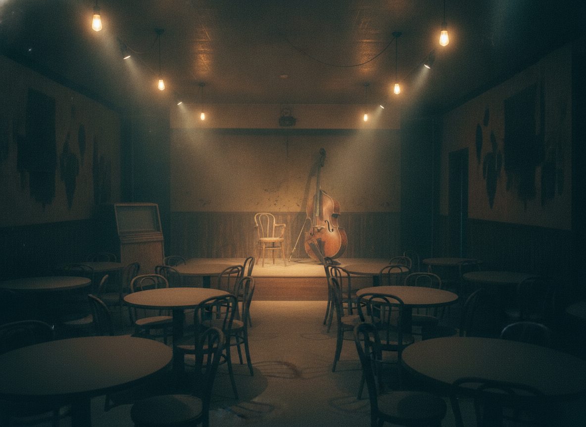 A dim vintage honky-tonk barroom with a low-lit stage, an upright bass, and empty wooden chairs