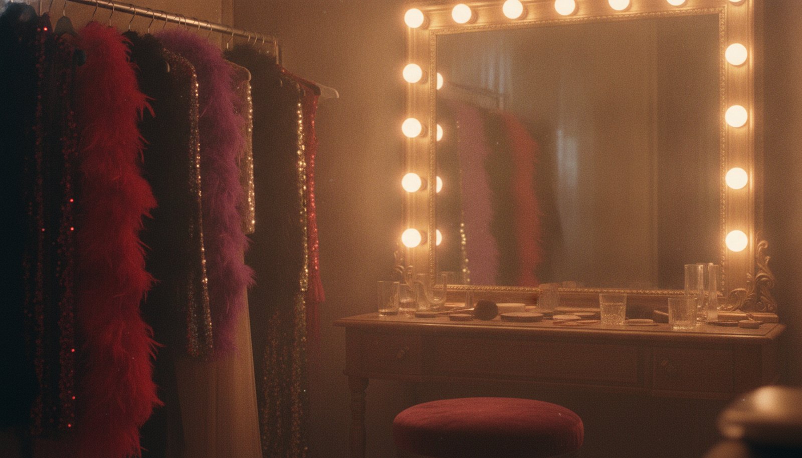 A vintage backstage dressing room, a mirror ringed with warm bulbs, sequined costumes on a rack