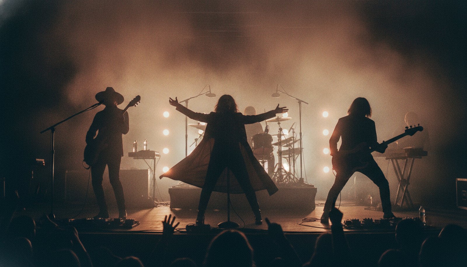 A soul-rock band with a dynamic female singer in dramatic silhouette against warm amber and rose stage lights