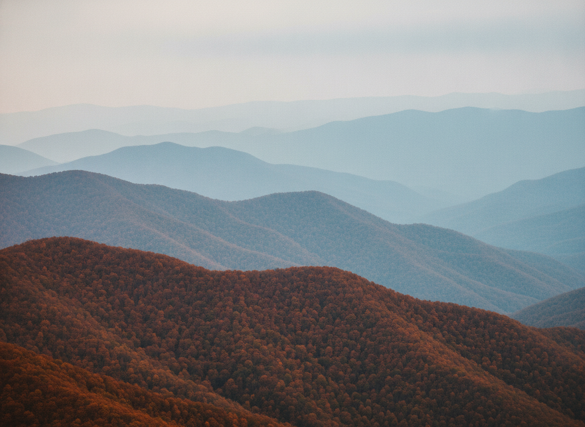 Layered blue and rust ridgelines of the southern Appalachian mountains under a soft hazy sky