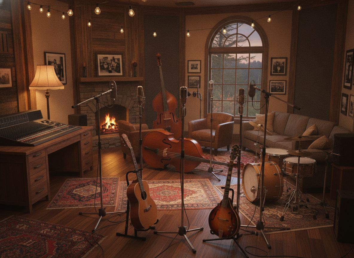 A warmly lit recording studio room with vintage microphones and acoustic instruments arranged around a wooden floor