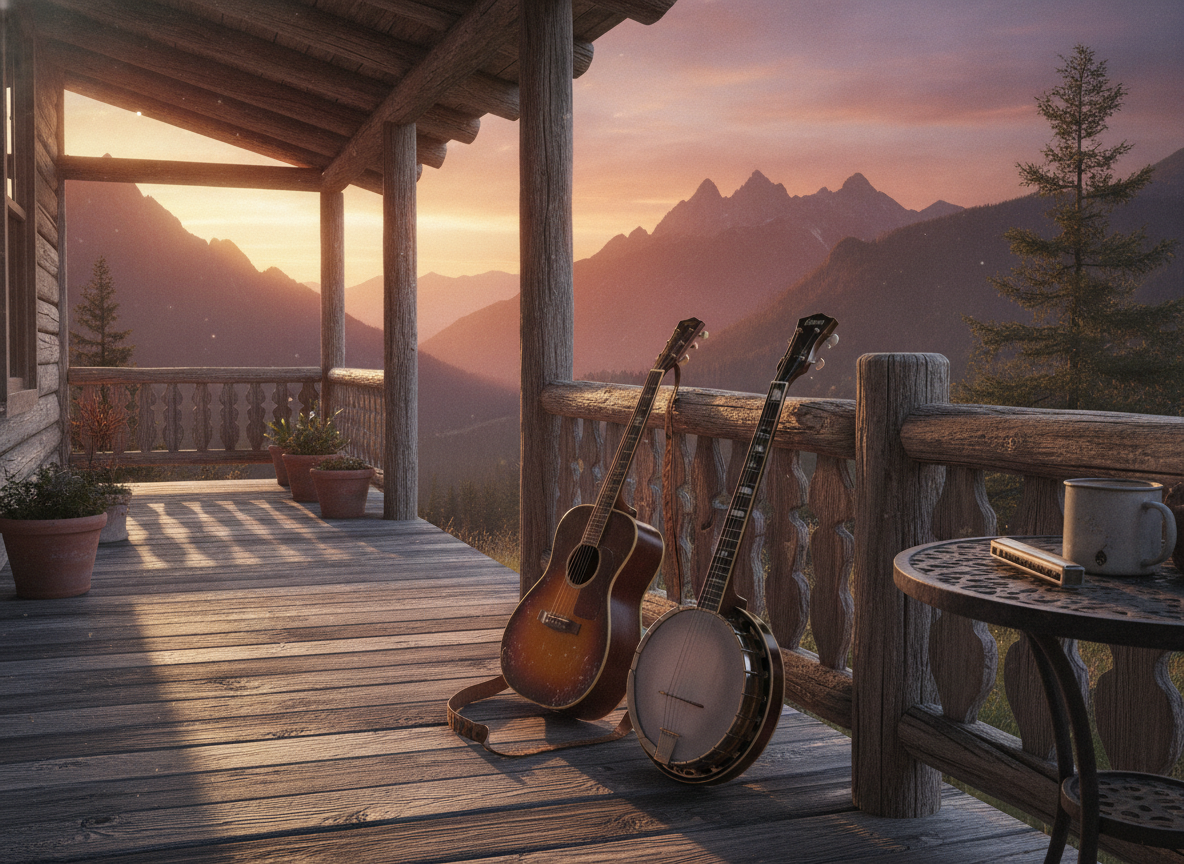 A weathered wooden mountain porch with an acoustic guitar and banjo resting against the rail in warm evening light