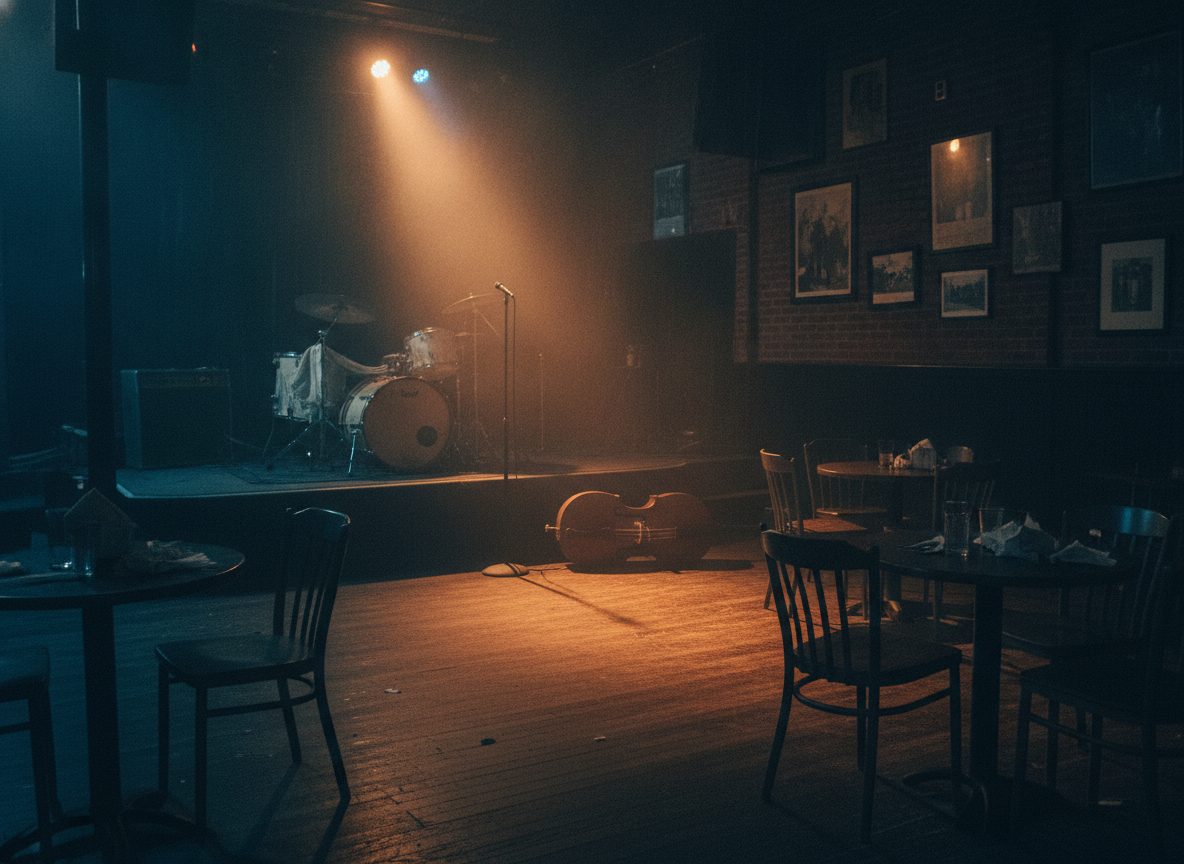 A dim smoky blues club interior with a lone spotlight cutting through haze over an empty bandstand