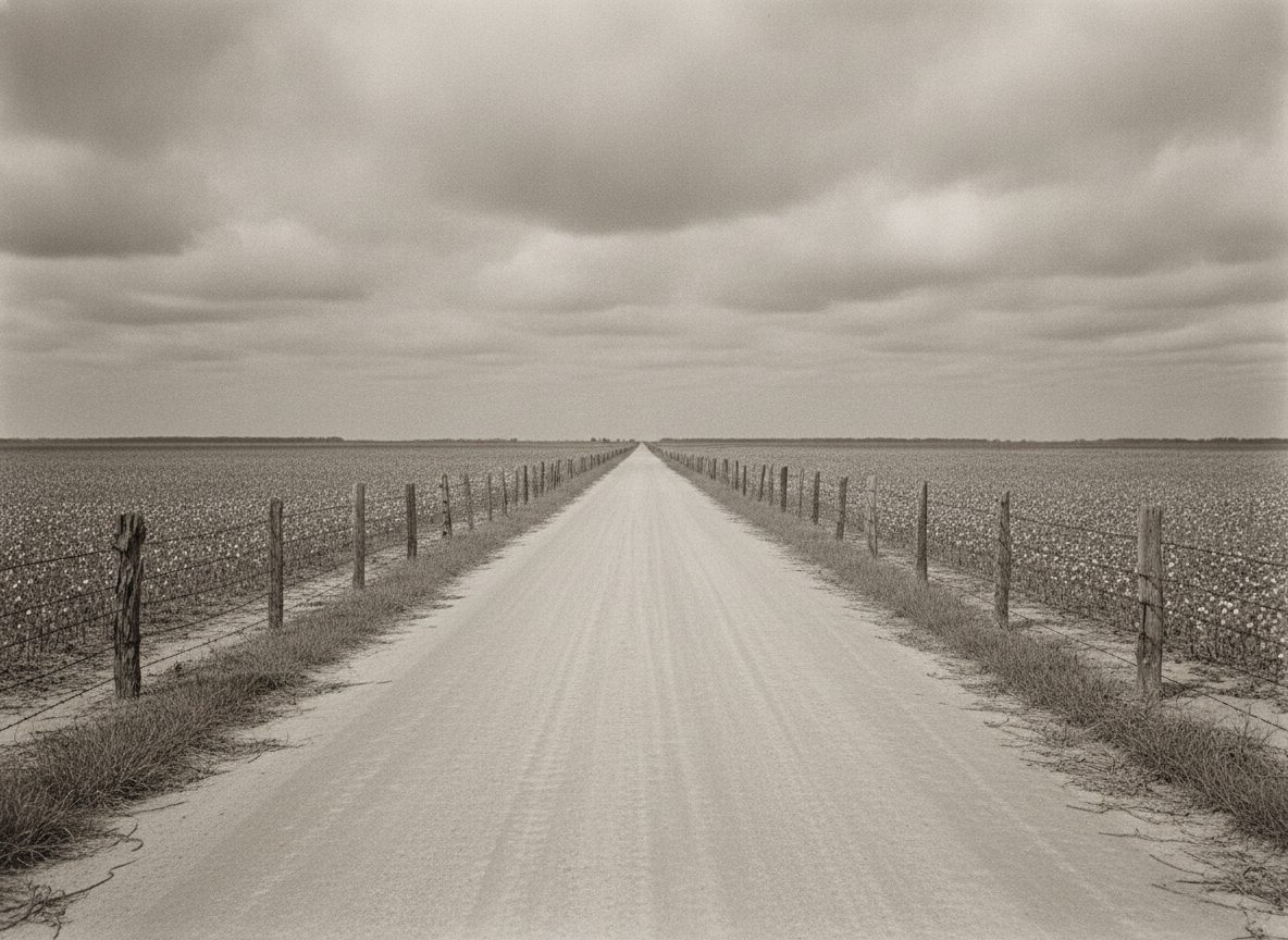 A weathered dirt road cutting through flat Mississippi Delta cotton fields under a heavy overcast sky